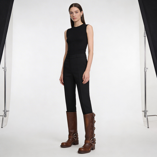 Women's Knee High Buckle Boots – Brown Leather Look Moto Boots