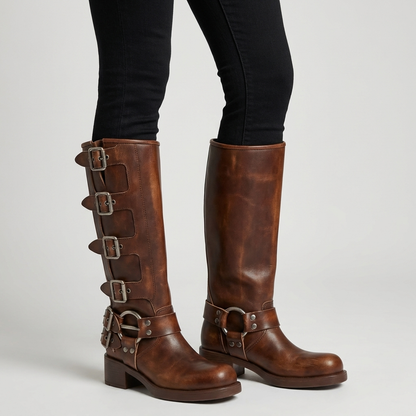 Women's Knee High Buckle Boots – Brown Leather Look Moto Boots