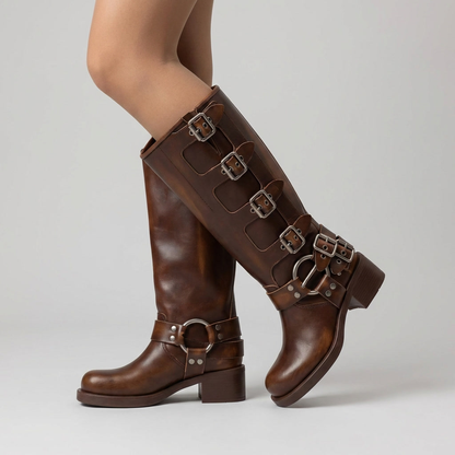 Women's Knee High Buckle Boots – Brown Leather Look Moto Boots