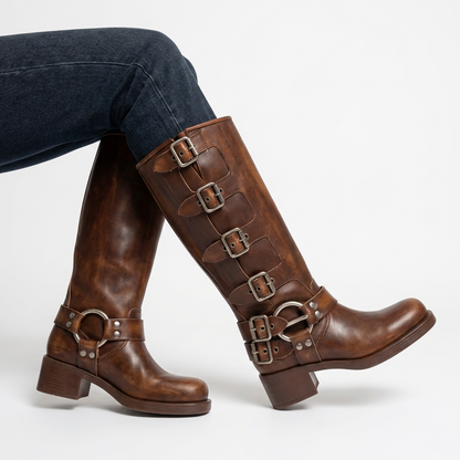 Women's Knee High Buckle Boots – Brown Leather Look Moto Boots