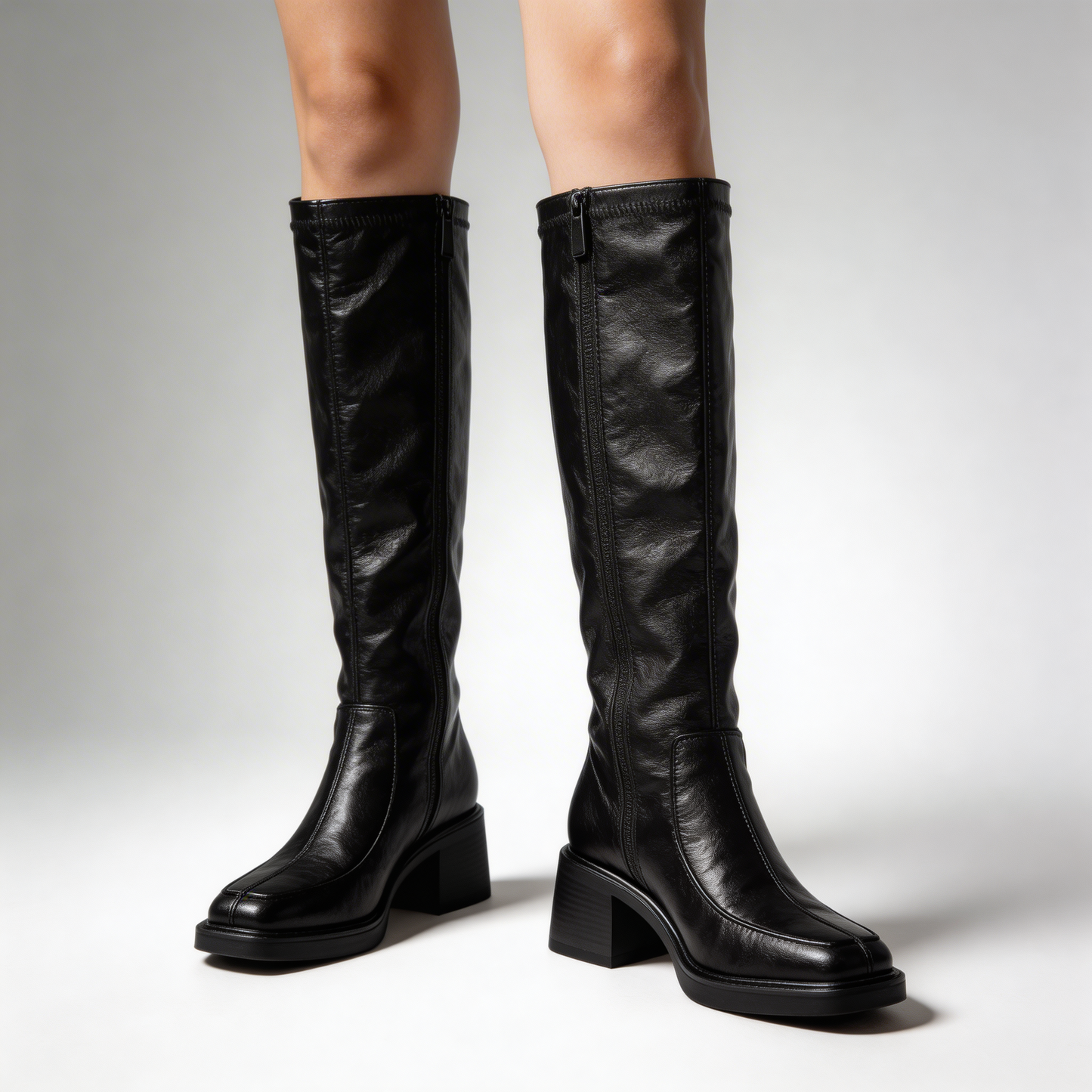 Women's Black Knee High Leather Boots | Block Heel Inner Zip Square Toe