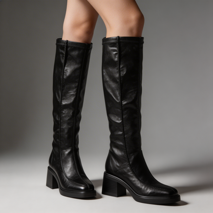 Women's Black Knee High Leather Boots | Block Heel Inner Zip Square Toe