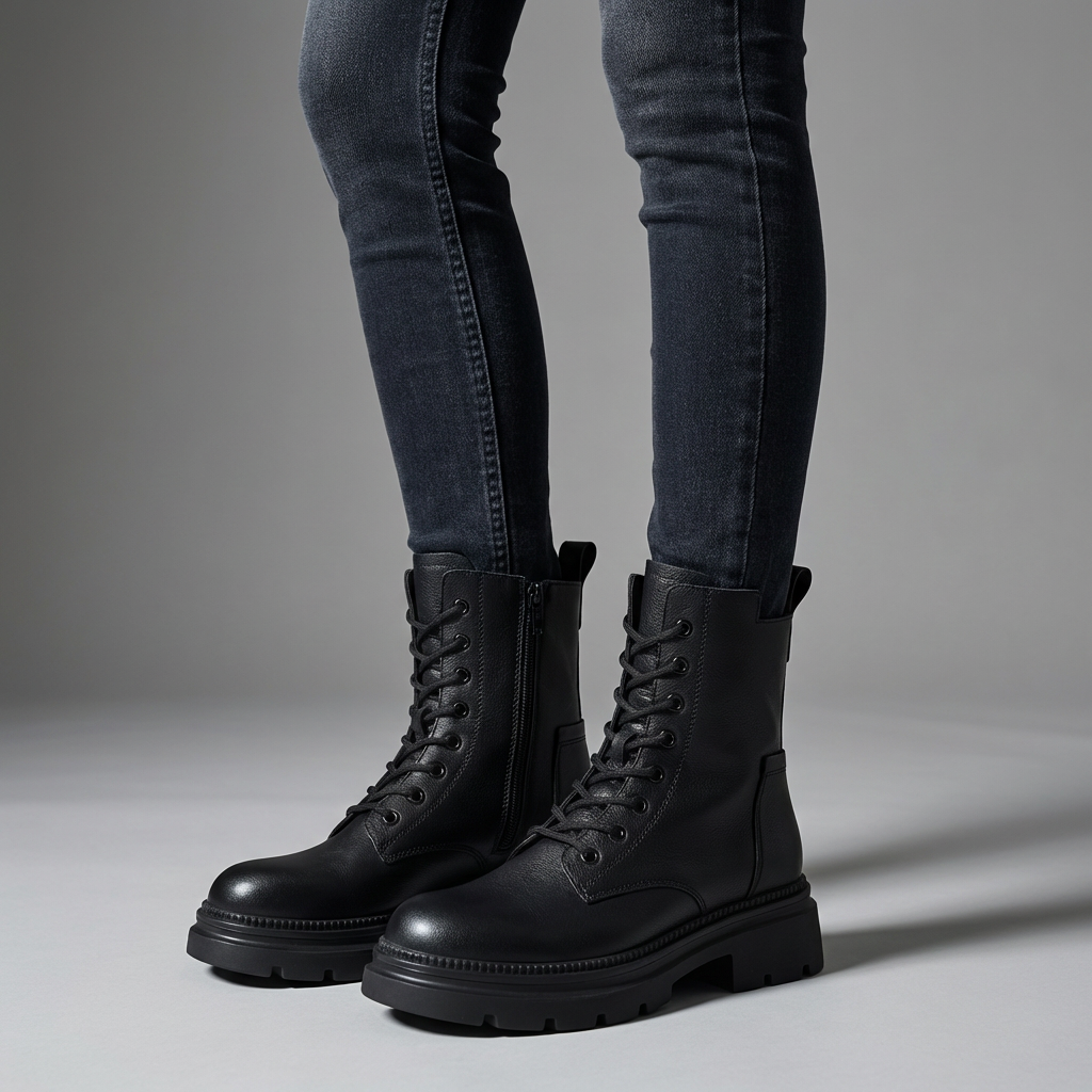 Black Leather Lace Up Combat Boots for Women – Chunky Sole with Side Zip