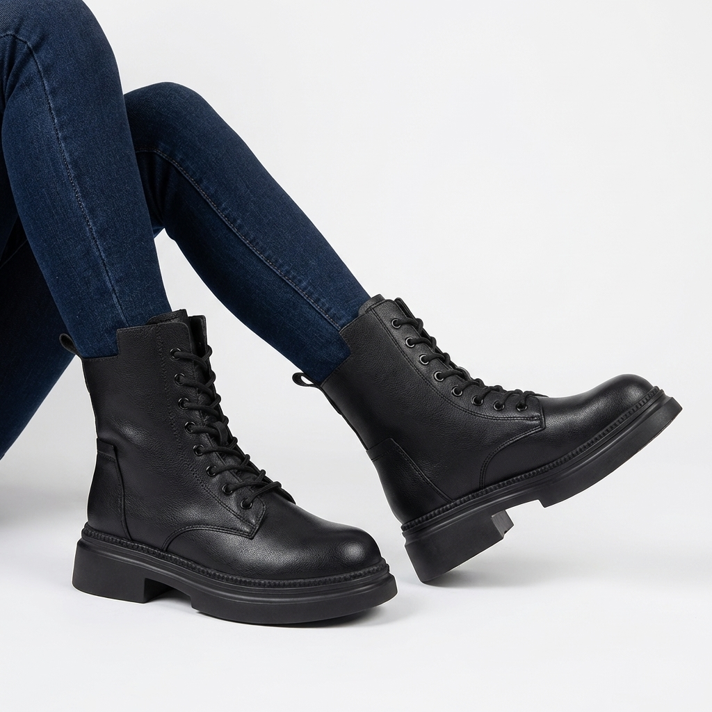 Black Leather Lace Up Combat Boots for Women – Chunky Sole with Side Zip