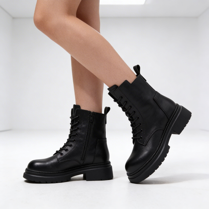 Black Leather Lace Up Combat Boots for Women – Chunky Sole with Side Zip