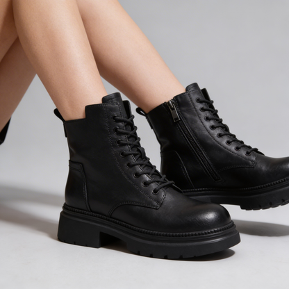 Black Leather Lace Up Combat Boots for Women – Chunky Sole with Side Zip