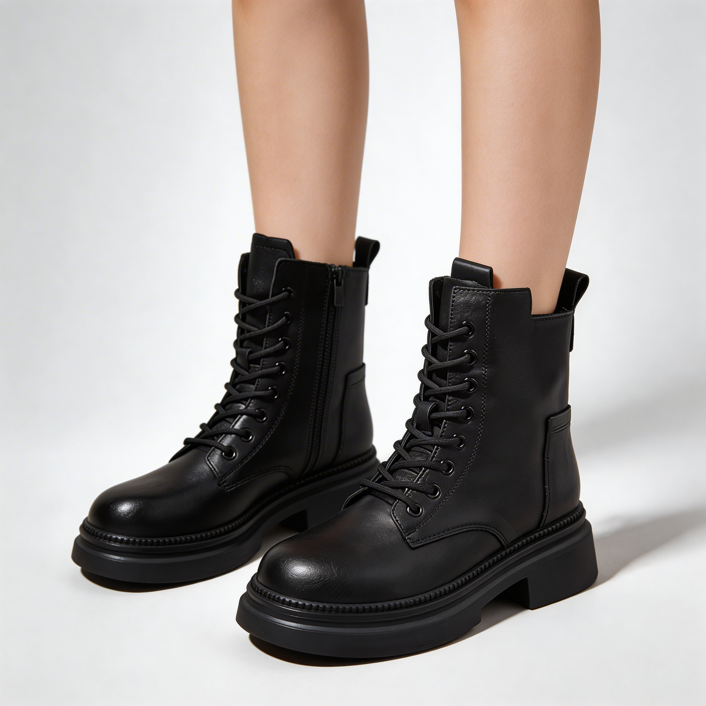 Black Leather Lace Up Combat Boots for Women – Chunky Sole with Side Zip