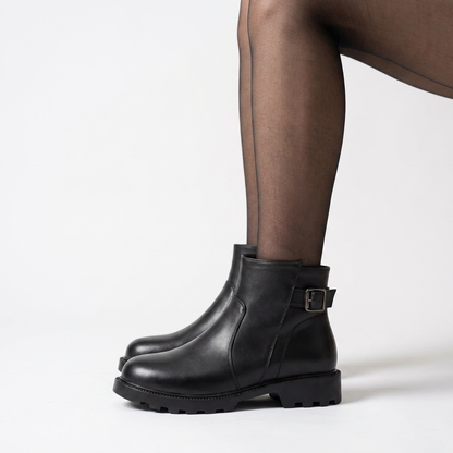 Women's Buckle Ankle Boots | Black Genuine Leather Side Zip Boot with Lug Sole