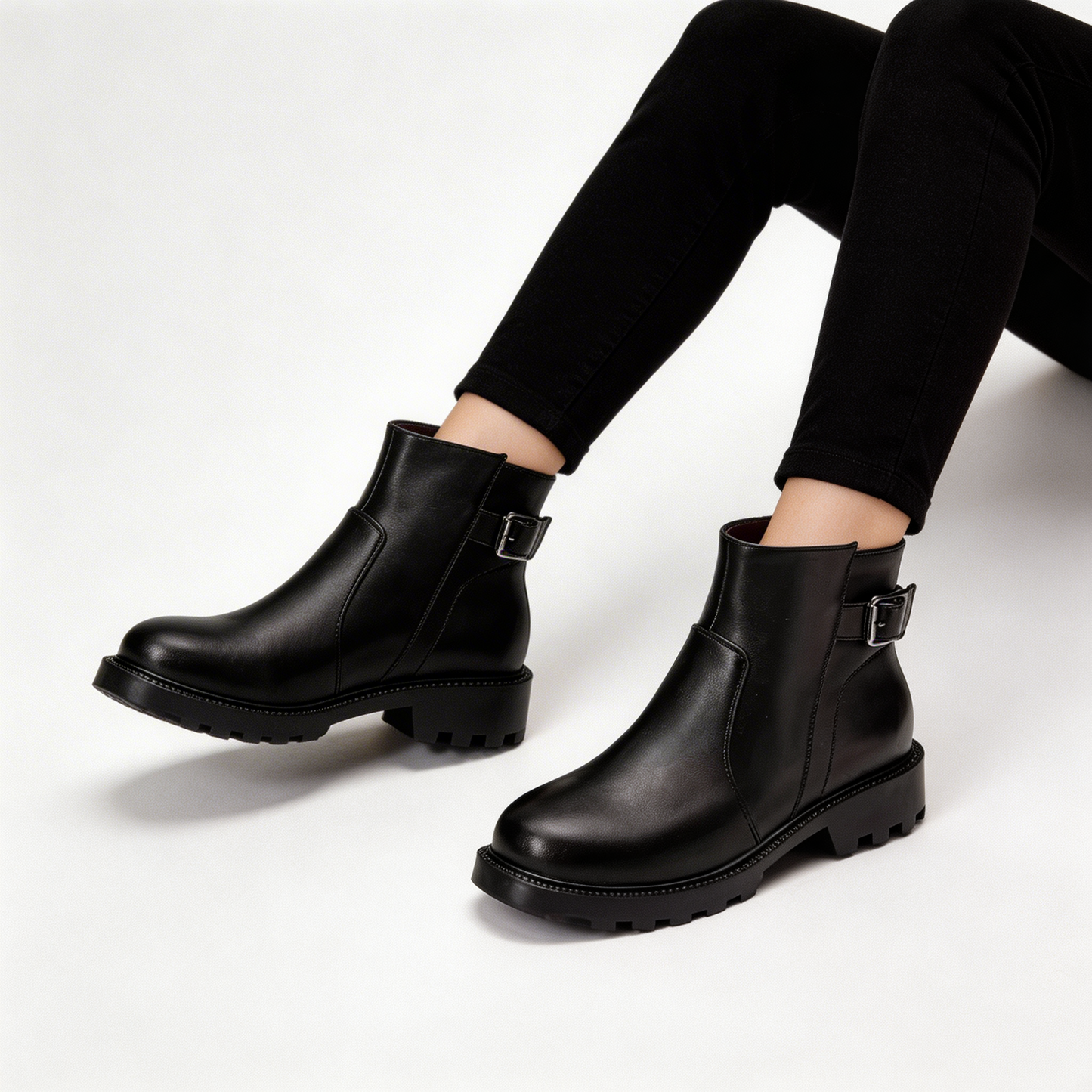 Women's Buckle Ankle Boots | Black Genuine Leather Side Zip Boot with Lug Sole