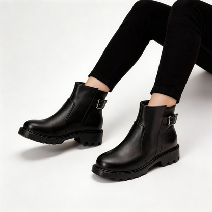 Women's Buckle Ankle Boots | Black Genuine Leather Side Zip Boot with Lug Sole