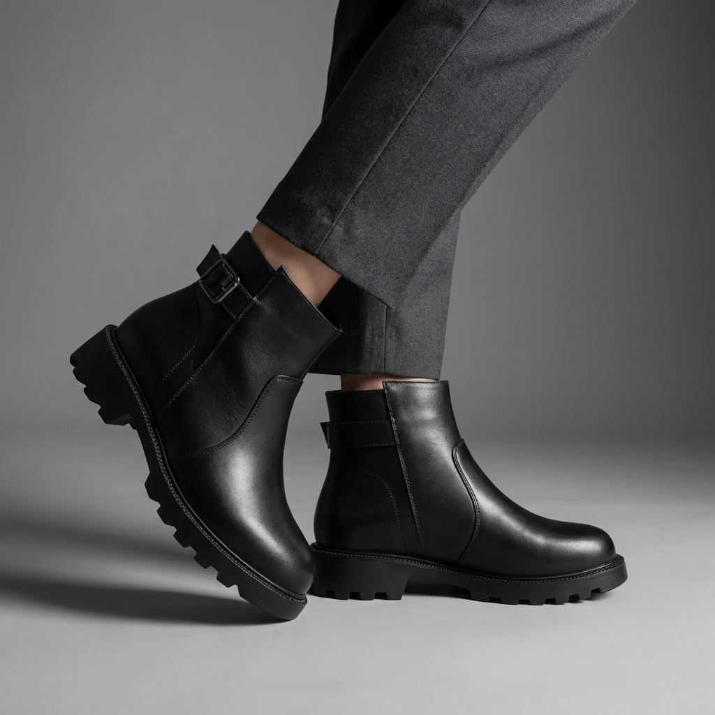 Women's Buckle Ankle Boots | Black Genuine Leather Side Zip Boot with Lug Sole