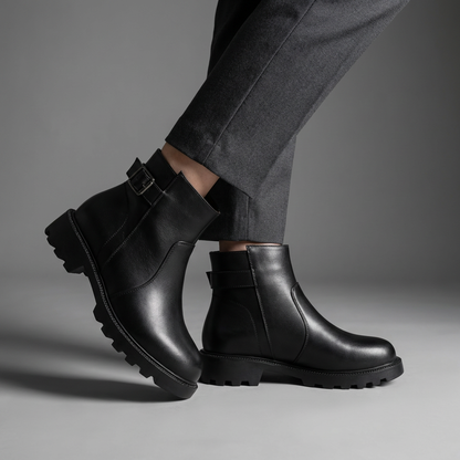 Women's Buckle Ankle Boots | Black Genuine Leather Side Zip Boot with Lug Sole