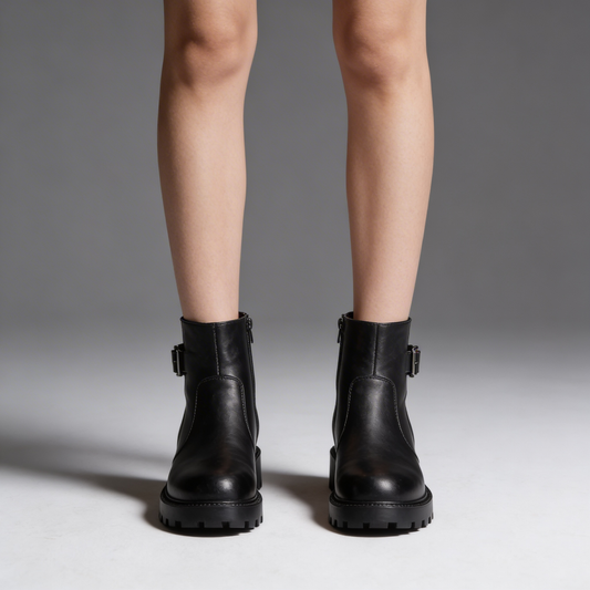 Women's Buckle Ankle Boots | Black Genuine Leather Side Zip Boot with Lug Sole