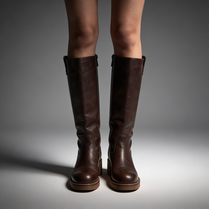 Brown Genuine Leather Knee High Riding Boots for Women – Pull On with Stacked Wooden Heel