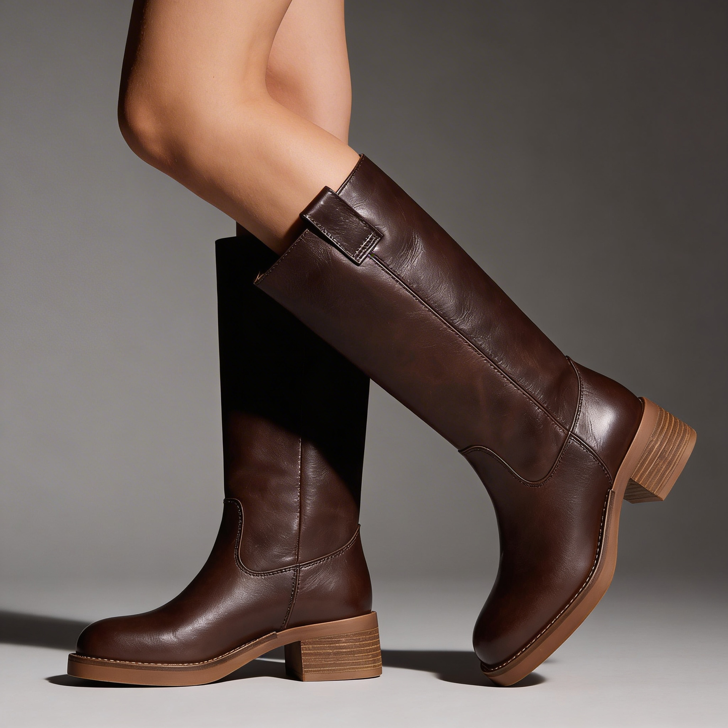Brown Genuine Leather Knee High Riding Boots for Women – Pull On with Stacked Wooden Heel