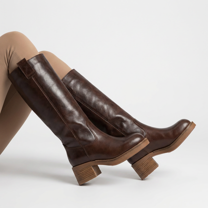 Brown Genuine Leather Knee High Riding Boots for Women – Pull On with Stacked Wooden Heel