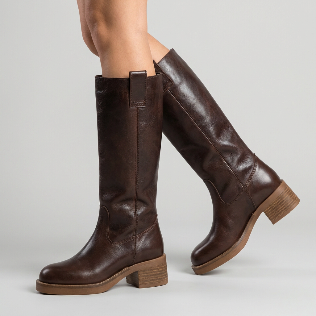 Brown Genuine Leather Knee High Riding Boots for Women – Pull On with Stacked Wooden Heel